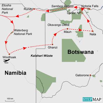Routenkarte Der friedliche Okavango